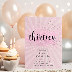 Faire-part pour le 13e anniversaire de paillettes roses, modèle numérique modifiable, invitation à une fête pour adolescents, téléchargement immédiat pour la célébration d'anniversaire des filles