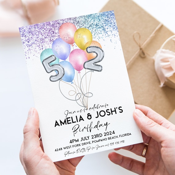 Sibling Birthday Invitation Balloon Editable Printable Joint Invite