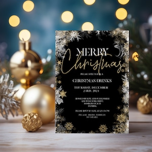 Christmas Party Invitation Printable Gold Glitter Snowflakes Black Christmas Invitation Template Instant Download Christmas Invite Editable