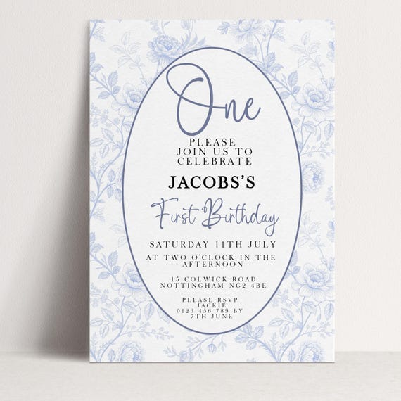Blue Toile First Birthday Invitation Template, Vintage Floral Boy (Editable Corjl, 5x7 Inches, Printable Digital Download)