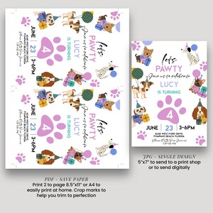 The image is a birthday invitation for a dog-themed party, featuring illustrations of dogs and presents.