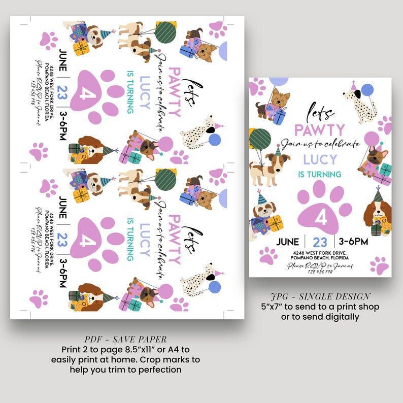 The image is a birthday invitation for a dog-themed party, featuring illustrations of dogs and presents.