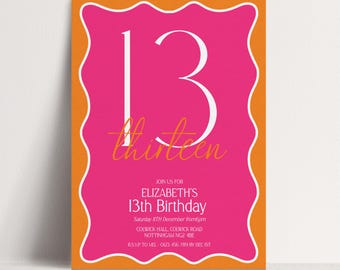 13th Birthday Invitation Girl, Pink Orange 13th Party Invite, Teen Printable Invite, Editable Corjl Template