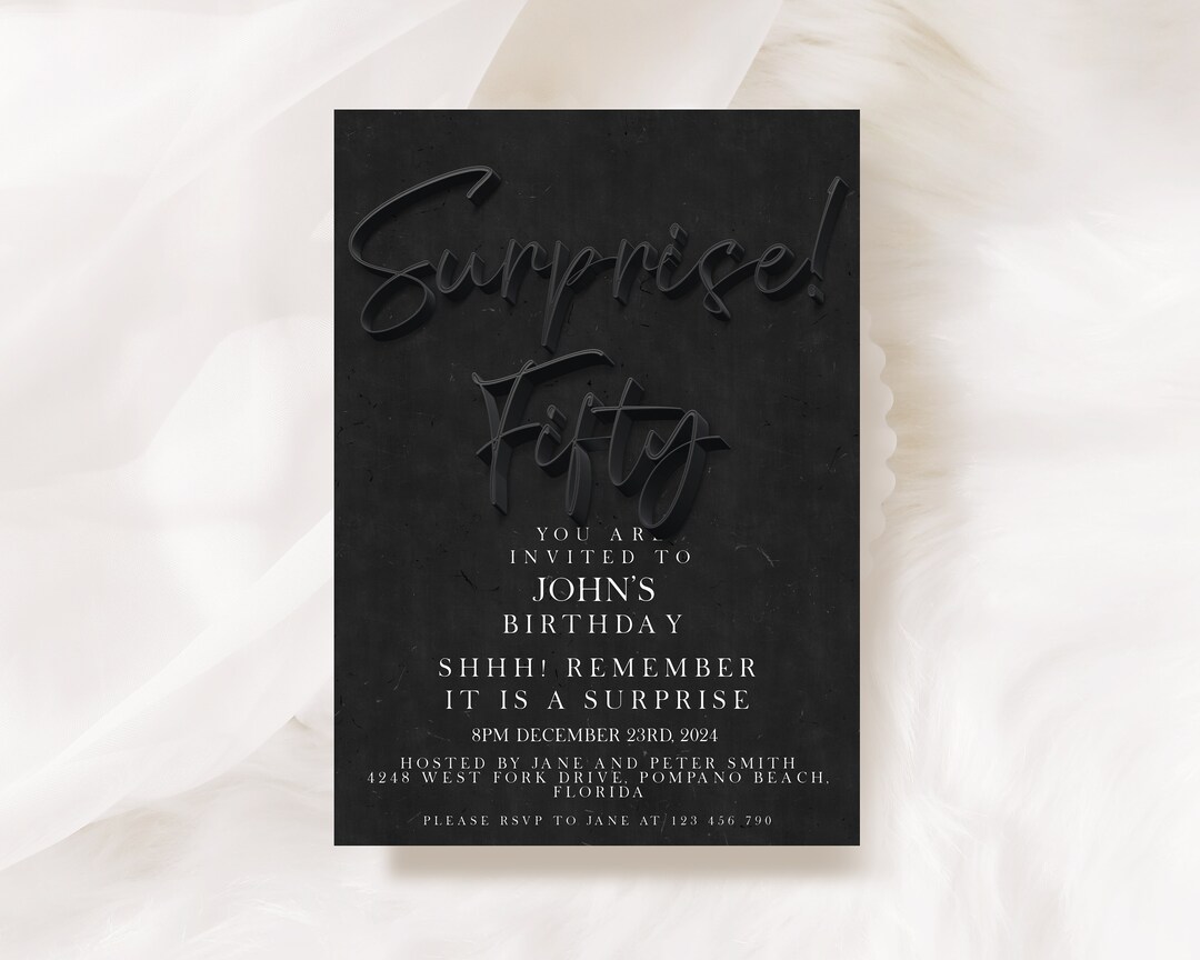 Surprise 50th Birthday Invitation Editable 50th Invite Black Invitation Simple Elegant for Him ...