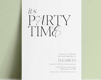 40th Birthday Invitation Template, Elegant White Printable Template Party Time Editable Digital Download