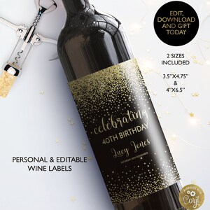 Editable Wine Bottle Label Birthday Printable Wine Label Wine Gold Glitter Editable Bottle Label Birthday Gift Template Instant Download