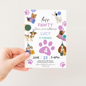 The image is a birthday invitation for a dog-themed party, featuring illustrations of dogs and a pink paw print.