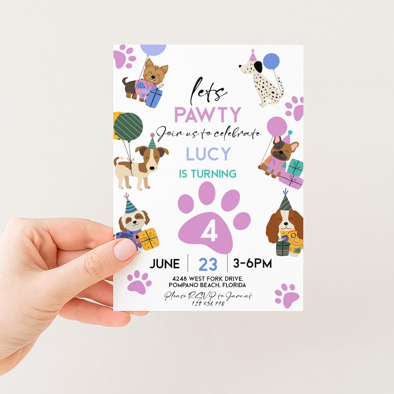 The image is a birthday invitation for a dog-themed party, featuring illustrations of dogs and a pink paw print.