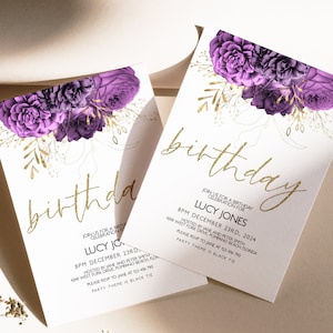 Purple Invitation Editable Floral Birthday Invitation with Purple and Gold Vintage Flower Editable Invitation Instant Download Printable