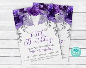 60th Birthday Invitation in Purple Silver flowers Purple Birthday Invitation Floral Birthday Invites Card 0056 Instant Download Printable