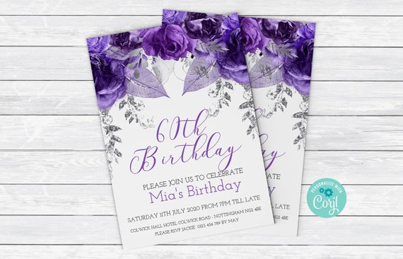 60th Birthday Invitation in Purple Silver flowers Purple Birthday