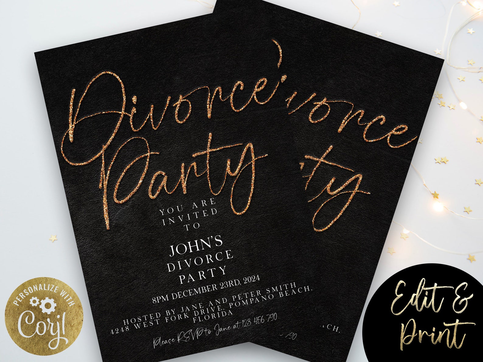 Divorce Party Invitation Editable Invite Gold Glitter Black Etsy