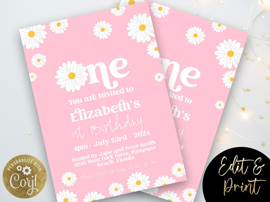 Daisy First Birthday Invitation Editable Template Pink Daisy Invite for