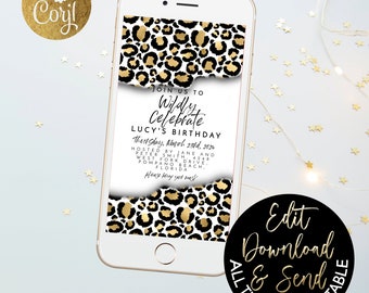 Digital Birthday Invite Leopard Print Invitation Digital Birthday Invitation Balloon Editable mobile phone invite Template SMS Invitation