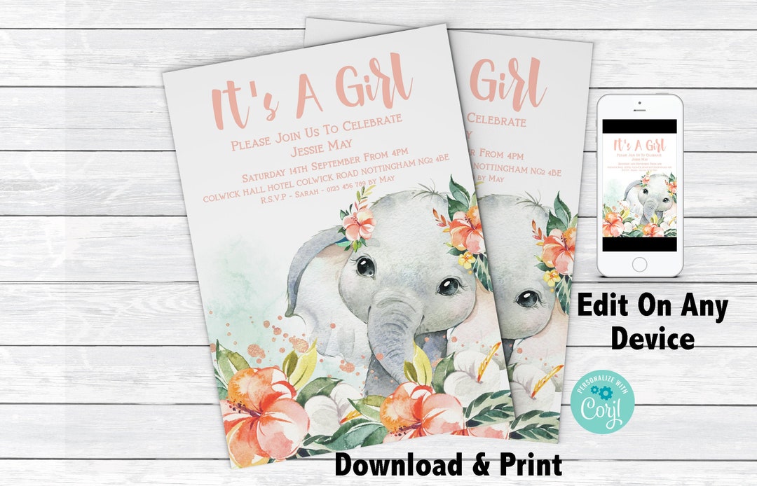 Elephant Baby Shower Invitation EDITABLE Invitation Printable Baby ...