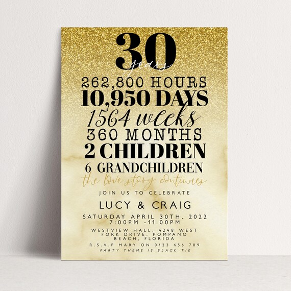 30 Years Married Gold Glitter Invitation: Editable 30th Wedding Anniversary Template, Elegant Milestone | Instant Download, 5x7 Inches
