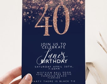 Editable 40th Birthday Invitation Template 40th Invite Navy Rose Gold Invitation Simple Elegant For Him or Her  Instant Download Printable