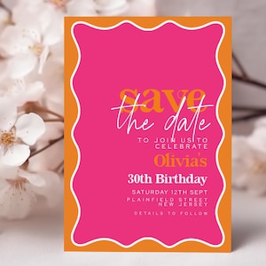 Offrez-vous cette date moderne pour le 30e anniversaire : faire-part de fête ondulé rose et orange modifiable pour une fête adulte à la mode