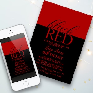 Zwart en rood feestuitnodiging verjaardagsfeestje zwart-wit verjaardagsfeestje rood zwart verjaardagsfeestje bewerkbaar voor elke leeftijd