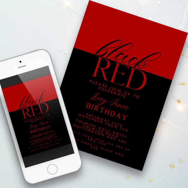 Black and Red Party Invitation  Birthday Bash Monochrome Birthday Bash Red Black Party Editable to Any Age