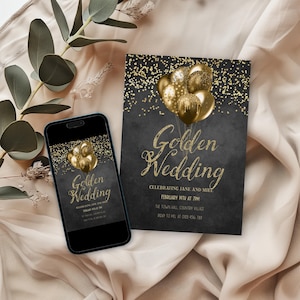 Invitación para el aniversario de bodas de oro con globos dorados y efecto brillante. Descarga digital. Plantilla editable estilo pizarra para invitación a la fiesta del 50.º aniversario.