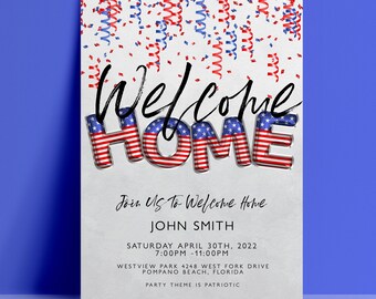 Invitación de bienvenida a casa para fiestas militares, invitación editable con la bandera estadounidense patriótica para el regreso a casa, descarga digital, plantilla imprimible.