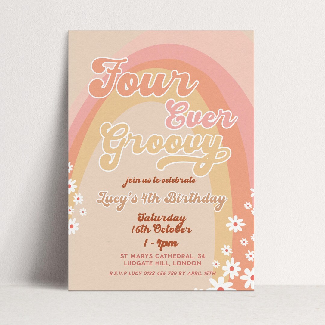 Four Ever Groovy Invite - Retro 4th Birthday Invitation Template ...