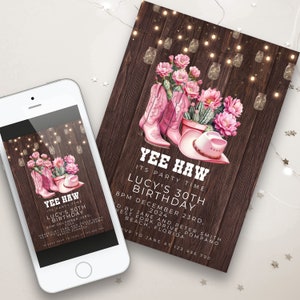 Pink Cowgirl Birthday Invitation Editable Country Western Template Rustic 30th Birthday Digital Invite Printable Line Dance Party Download