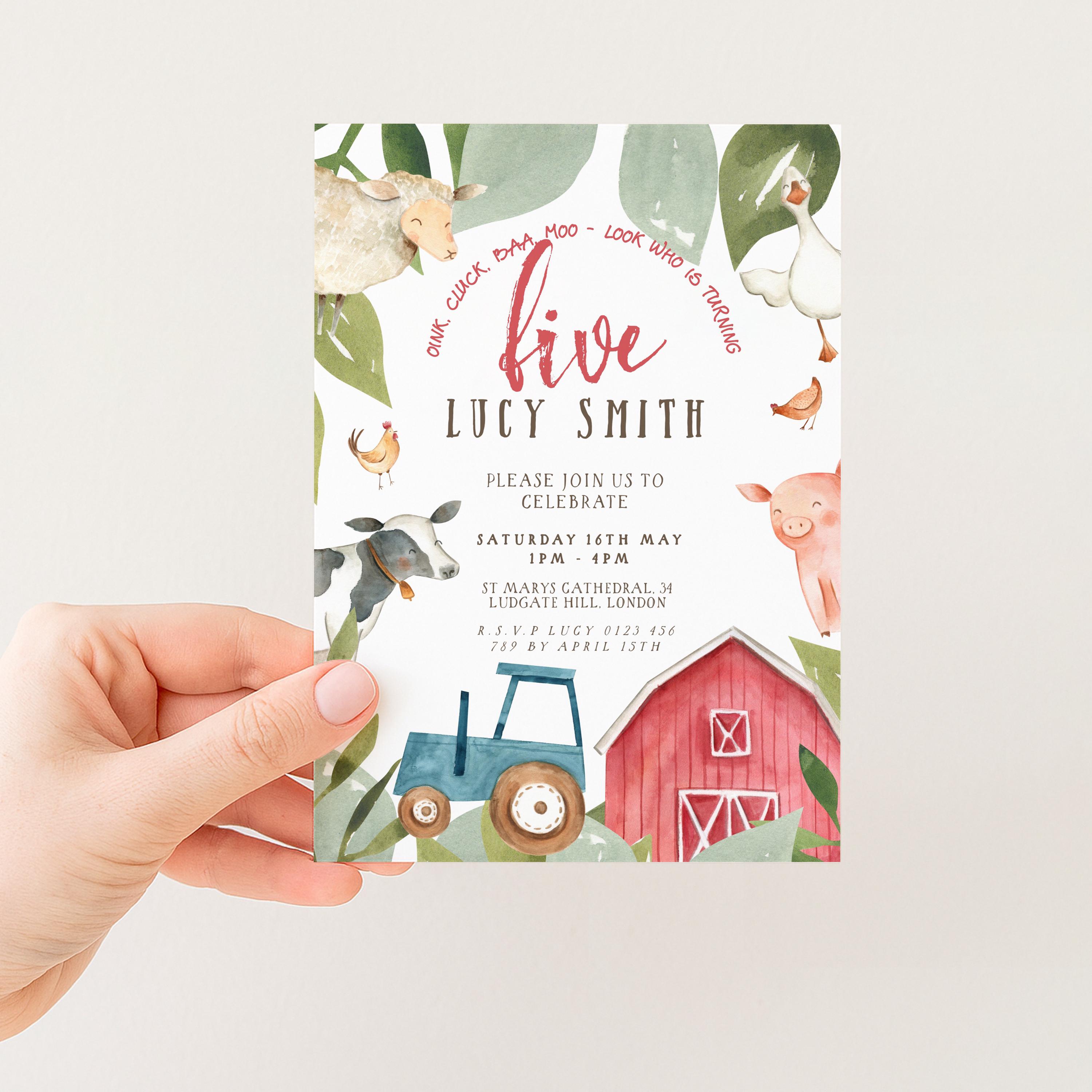 5th Birthday Invitation Farm Theme, Barnyard Animal Party Invite, Kids ...