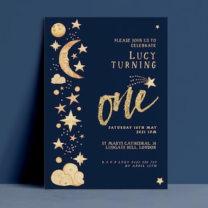 Celestial Invitation Editable 1st Birthday Invite, Navy Gold Stars Moon (Digital Download, Printable 5x7, Gender Neutral)