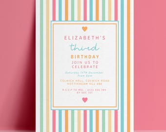 3rd Third Birthday Invitation Template, Rainbow Stripe Editable Invite, Pastel Digital Download, Kids Printable Card