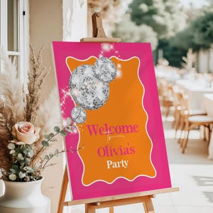 Birthday Welcome Sign Pink Orange, Printable Bridal Shower Poster for Girls, Editable Text Template Retro Disco Ball Party Decor, Download