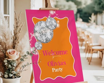Birthday Welcome Pink Orange Disco Sign: Editable Bridal Shower Poster, Retro Party Decor | Printable, Instant Download | 18x24 & 24x36"