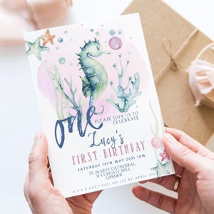 Sea Horse  First Birthday Invitation Sea Life Invite Printable Instant Download Editable digital File  Invitation Corjl Template SL002