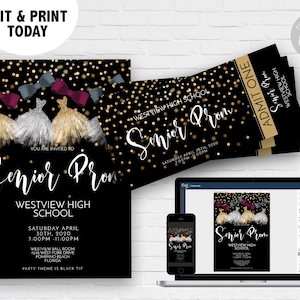 Abschlussball Einladungen und Tickets Abschlussball Einladung Gold Glamour Printable Bearbeitbar Sofort Download