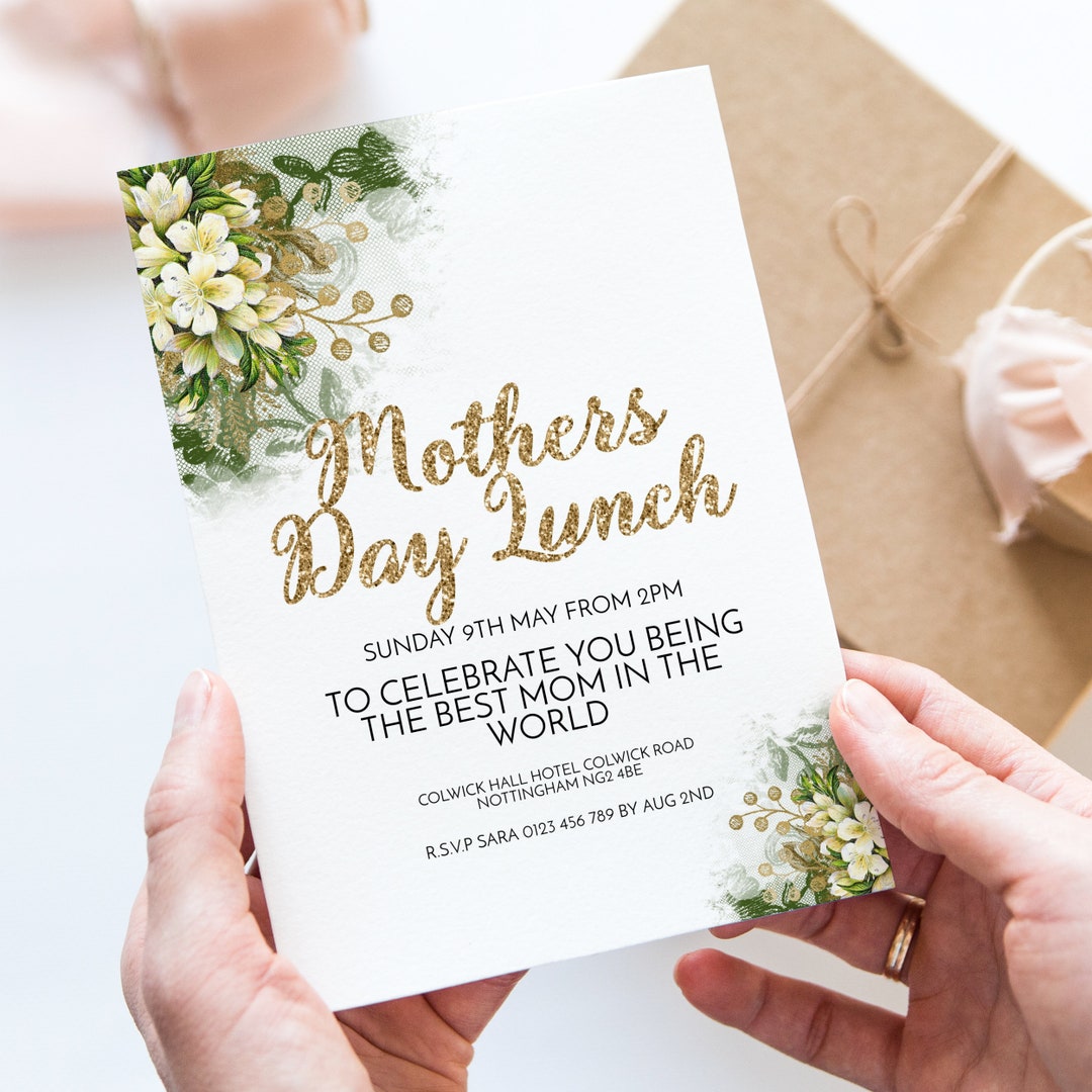 Mothers Day Lunch Invitation Flora and Gold Glitter Instant Download Editable Template Corjl