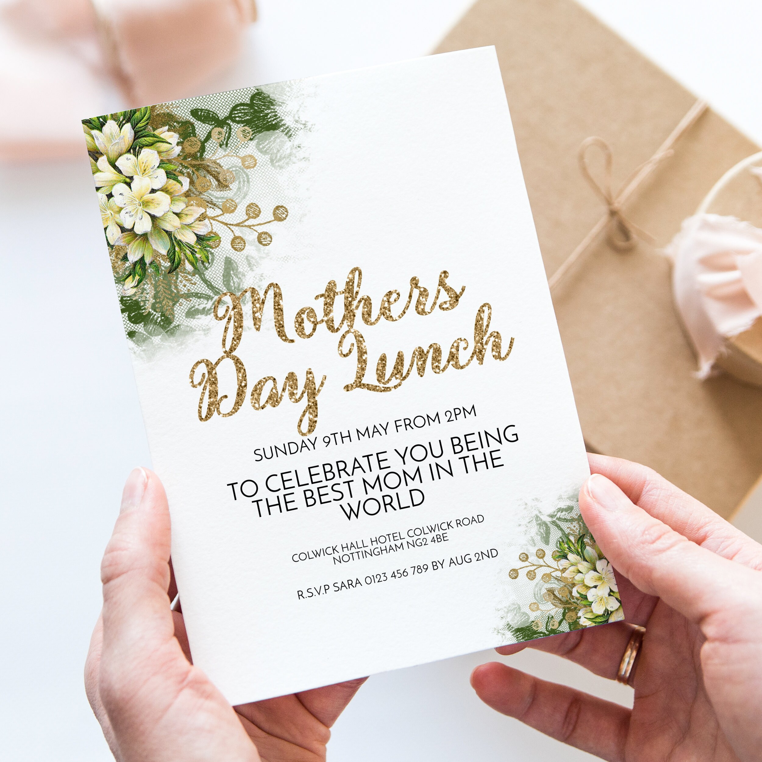 Mothers Day Lunch Invitation Flora and Gold Glitter Instant Etsy