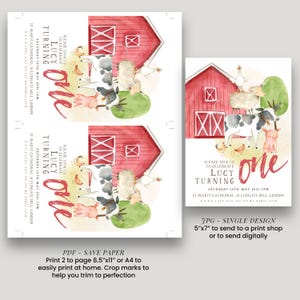 The image is a birthday invitation featuring a red barn and farm animals, with the text "One Turning Lucy" and instructions to print 2 pages of 8.5"x11" or 4"x4" paper to send to a print shop or digitally.