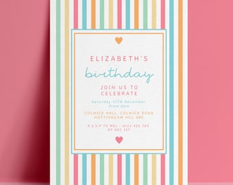 Birthday Invitation Template, Rainbow Stripe Editable Invite, Pastel Any Age Digital Download, Kids Printable Card