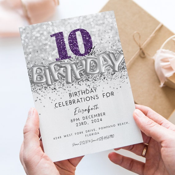 Editable 10th Birthday Invitation Template Purple Silver Balloon Invite Any Age For Her For him Invite Party Celebration Digital Download Il_570xn