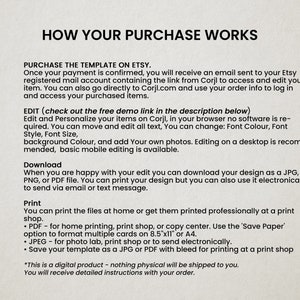 May include: How your purchase works on Etsy.  Instructions for editing and downloading a digital template.  You can print the files at home or at a print shop.  Save your template as a JPG or PDF with bleed for printing at a print shop.