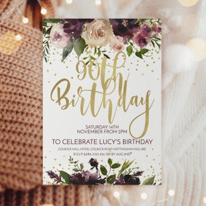 90th Birthday Invitation Template Gold and Burgundy Floral Birthday Celebration for Women Printable PDF Instant Download Editable Invite