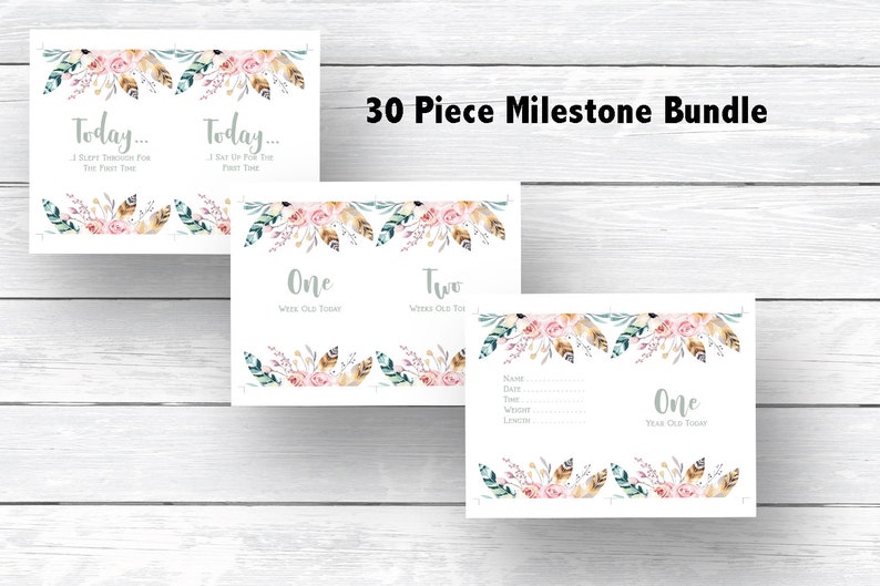 Boho Milestone Cards Printable 30 Boho Milestone Cards Monthly Photo Prop Cards INSTANT DOWNLOAD Boho Feathers