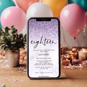 Paperless 18th Birthday Party invite Lilac Party Electronic Invitation Template  Digital Invite Glitter Birthday Party invite