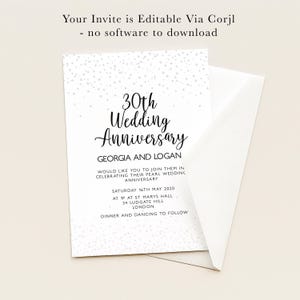 The image is a wedding anniversary invitation for Georgia and Logan, celebrating their 30th wedding anniversary. The invitation is editable via Corjl, and there is no software to download.