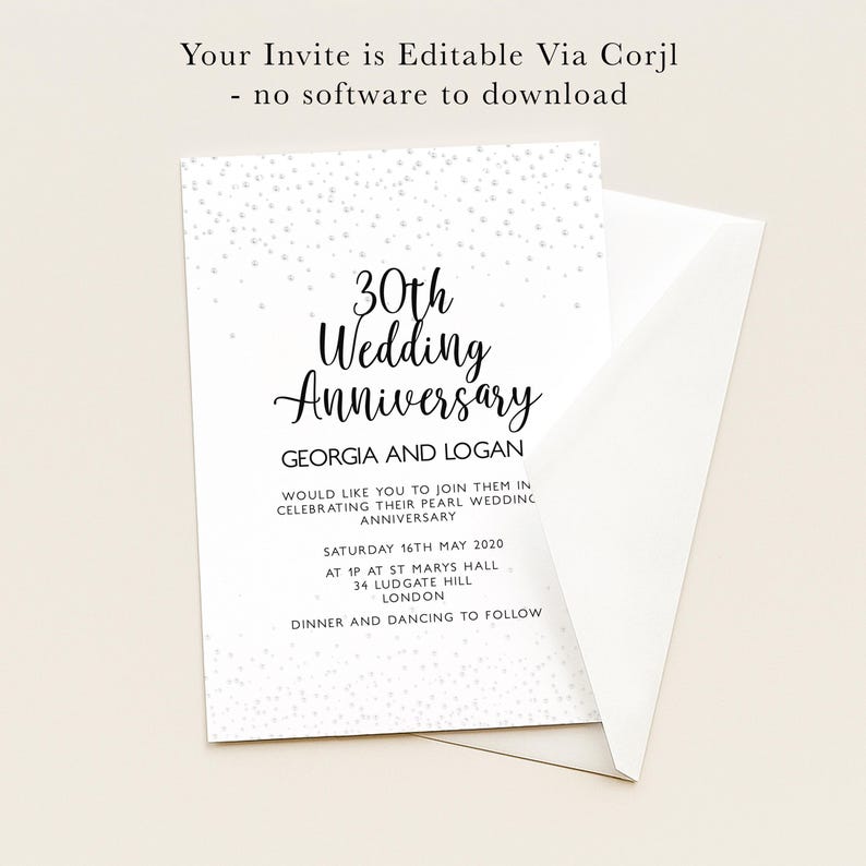 The image is a wedding anniversary invitation for Georgia and Logan, celebrating their 30th wedding anniversary. The invitation is editable via Corjl, and there is no software to download.