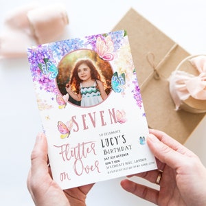 Butterfly Birthday Invitation with Photo 7th Birthday Printable Pinks Blues  Party Editable Template Instant download