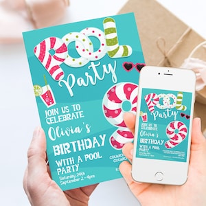 9e verjaardagsuitnodiging zwembad feest voor meisjes, bewerkbare uitnodiging zomerfeest uitnodiging zwemfeestje afdrukbare sjabloon direct downloaden PL01