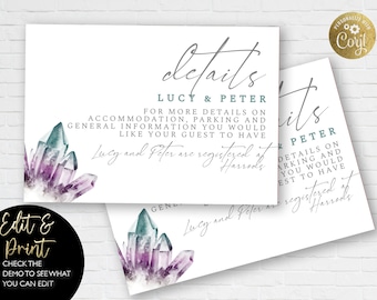 Editable Geode Wedding Details Cards Fluorite Crystal Details Card template Download Printable Wedding GE01