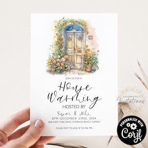 Convite editável para inauguração de casa, festa de inauguração de casa, porta da frente em aquarela, minimalista, convite para impressão ou texto, download instantâneo